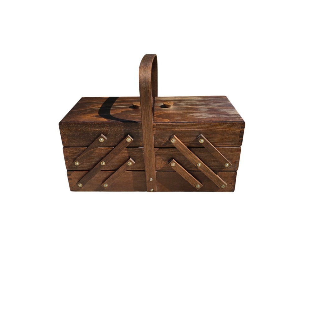 Vintage Wooden Cantilever Sewing Box Accordion 3 Tier Storage Organizer Handle